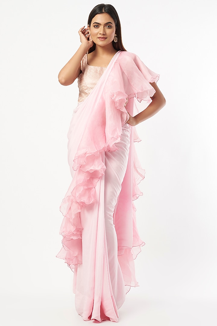 Blush Pink Crepe & Organza Ruffled Saree Set Design by Shriya Singhi at ...