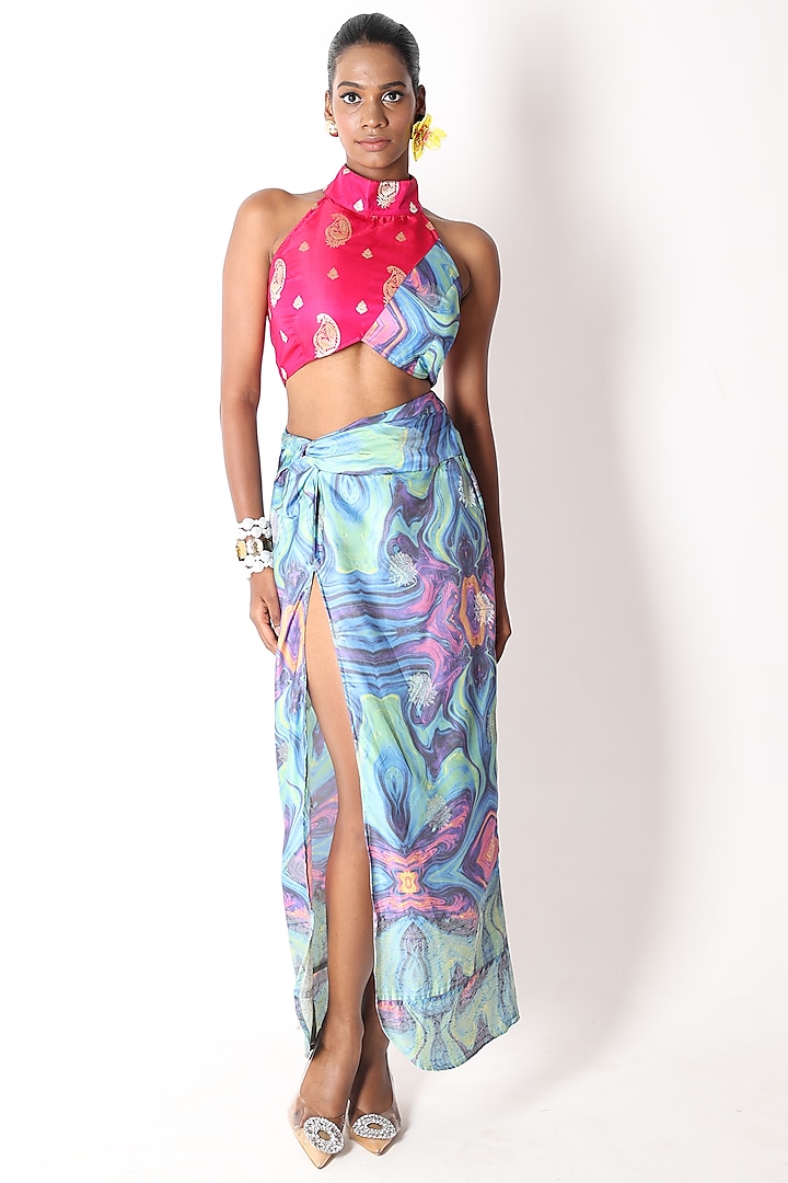 Multi-Colored Banarasi Silk Printed Skirt Set by Shriya Singhi
