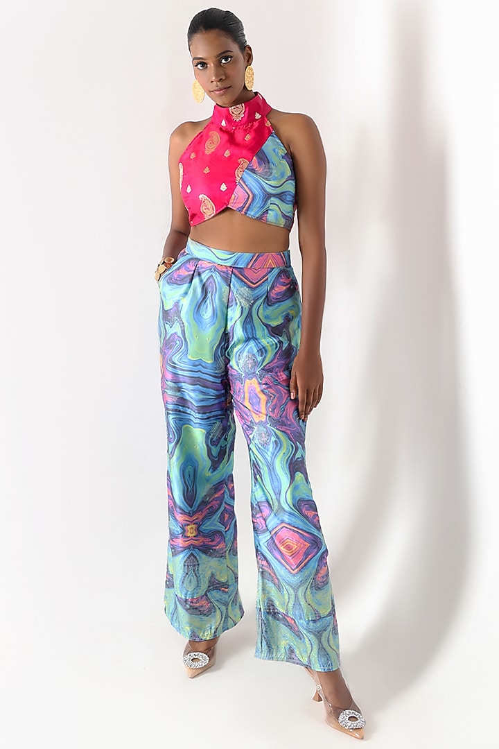 Multi-Colored Banarasi Silk Printed High-Waisted Pants by Shriya Singhi at Pernia's Pop Up Shop