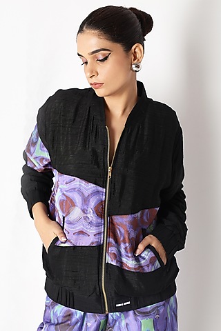 Black Silk Printed Bomber Jacket by Shriya Singhi