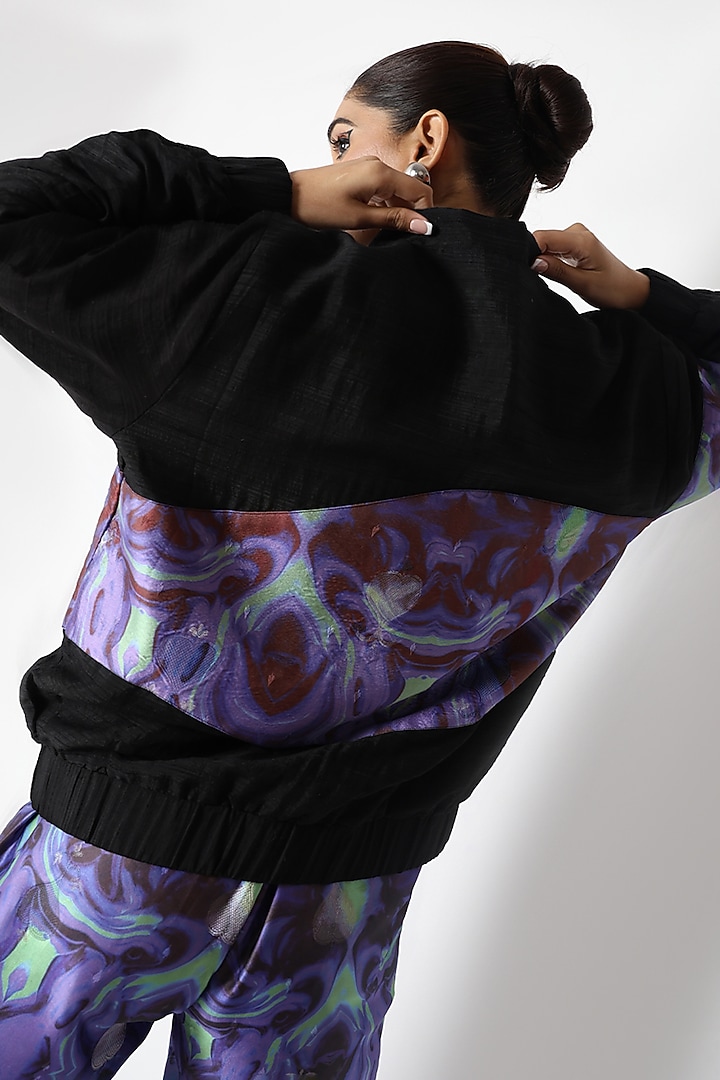 Black Silk Printed Bomber Jacket by Shriya Singhi at Pernia's Pop Up Shop