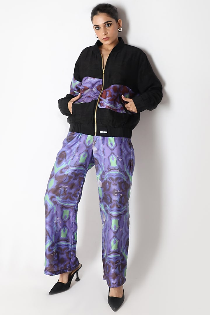 Black Silk Printed Bomber Jacket by Shriya Singhi at Pernia's Pop Up Shop