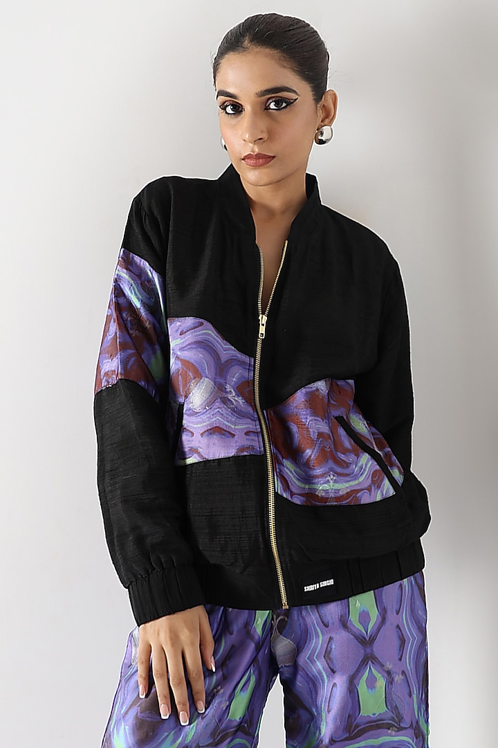 Black Silk Printed Bomber Jacket by Shriya Singhi at Pernia's Pop Up Shop