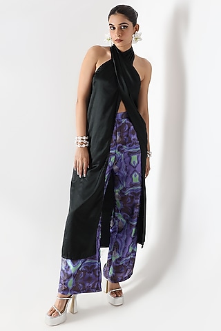 Black Silk Draped Halter Top by Shriya Singhi