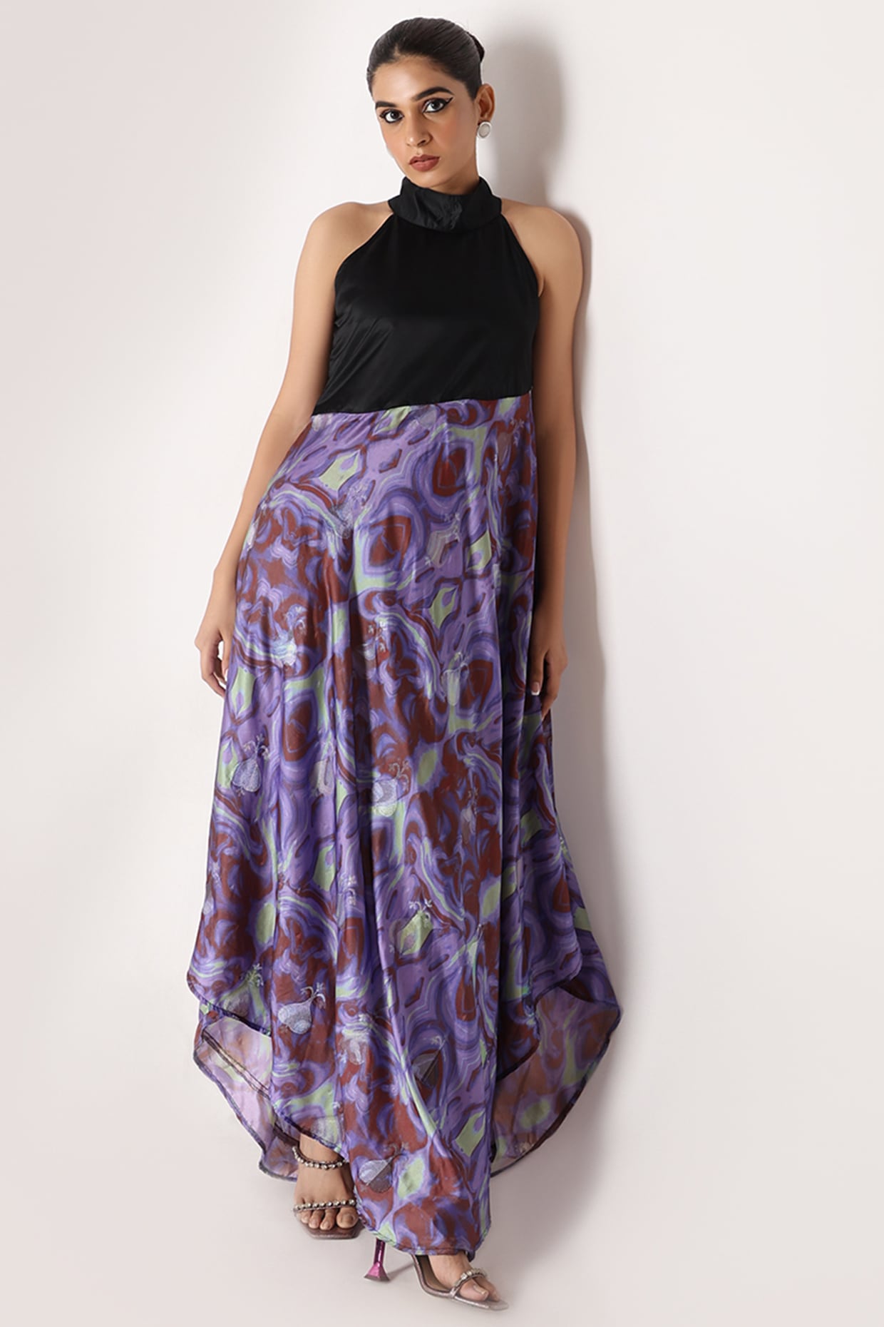Black Purple Banarasi Silk Printed Halter Maxi Dress by Shriya Singhi at Pernia s Pop Up Shop 2024