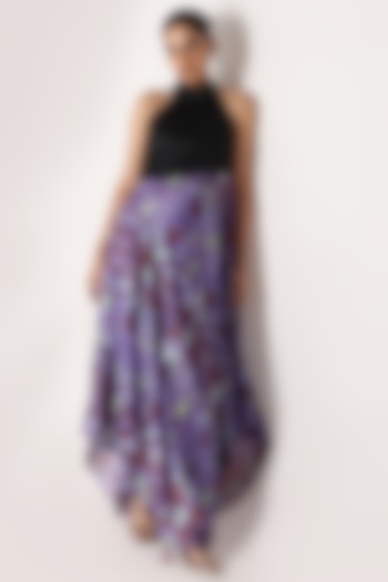 Black & Purple Banarasi Silk Printed Halter Maxi Dress by Shriya Singhi