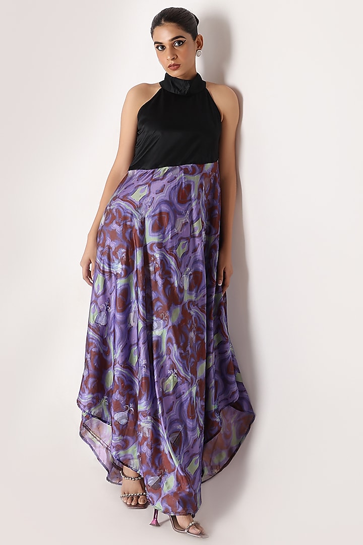 Black & Purple Banarasi Silk Printed Halter Maxi Dress by Shriya Singhi