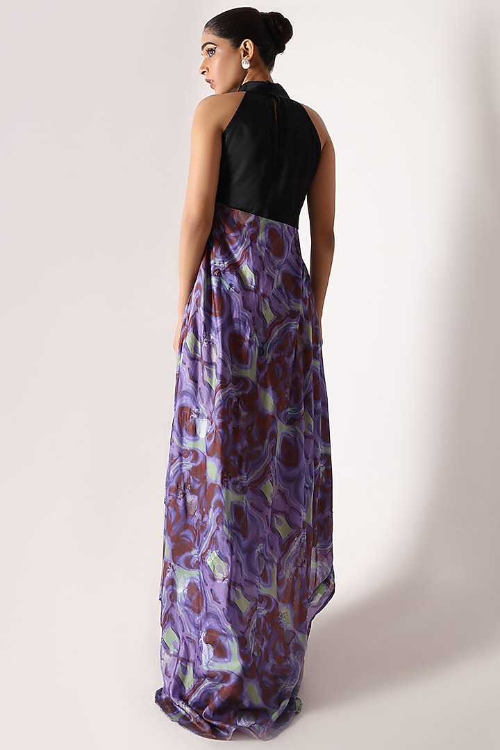 Black & Purple Banarasi Silk Printed Halter Maxi Summer Dress by Shriya Singhi at Pernia's Pop Up Shop