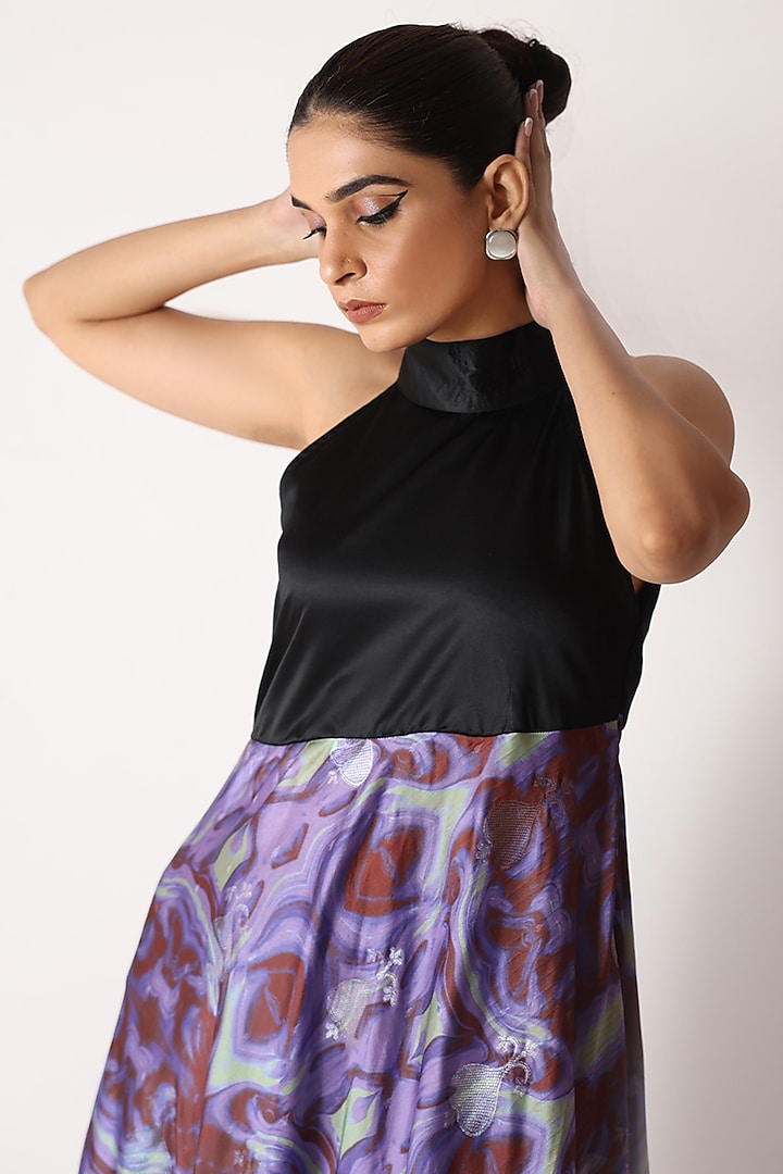 Black & Purple Banarasi Silk Printed Halter Maxi Summer Dress by Shriya Singhi at Pernia's Pop Up Shop