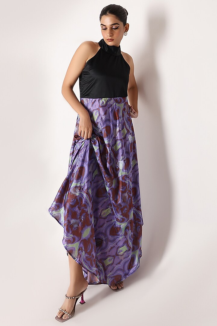 Black & Purple Banarasi Silk Printed Halter Maxi Summer Dress by Shriya Singhi at Pernia's Pop Up Shop