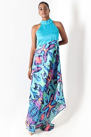 Blue Banarasi Silk Printed Halter Maxi Dress by Shriya Singhi