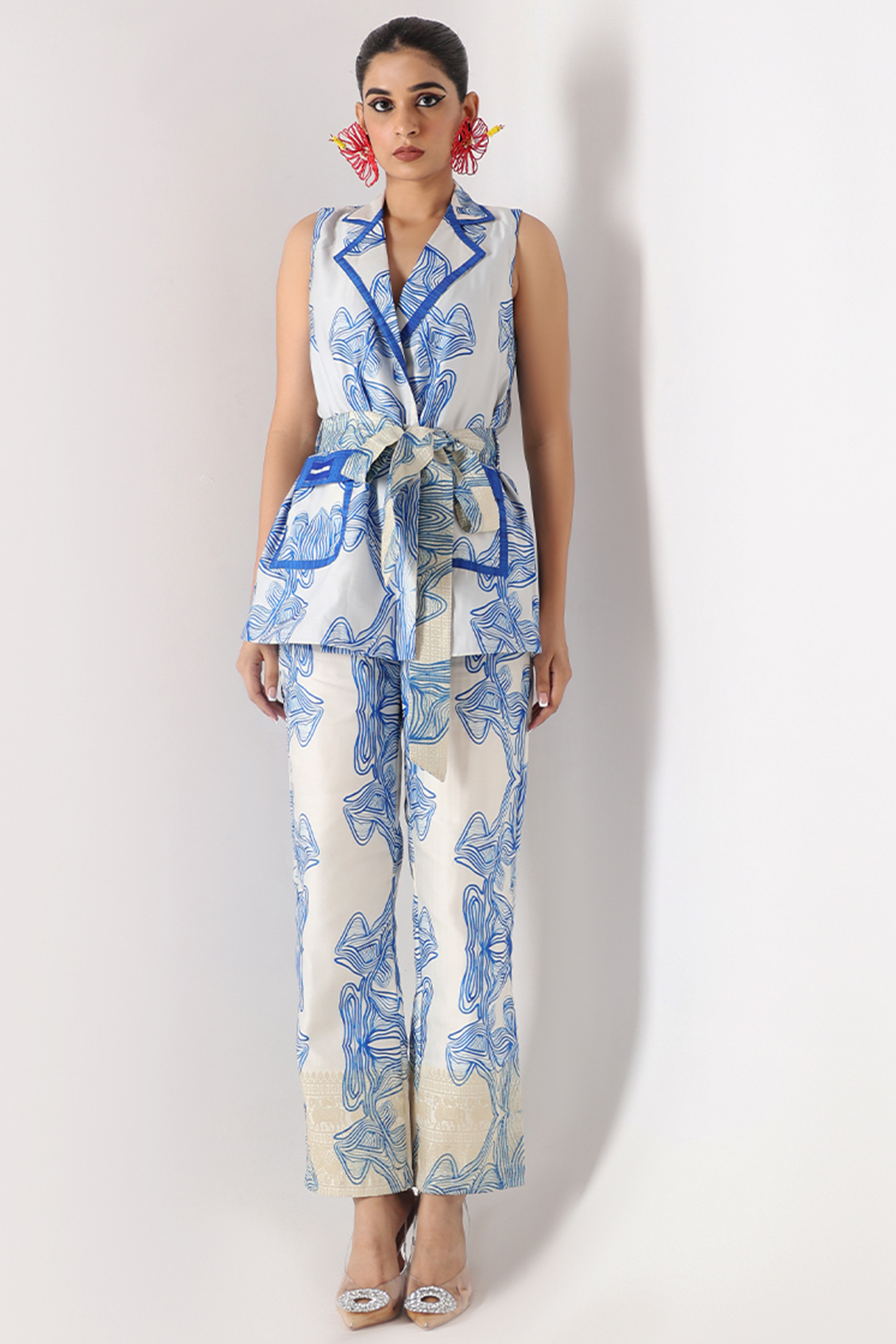 Blue & White Banarasi Silk Printed Co-Ord Set by Shriya Singhi at Pernia's Pop Up Shop