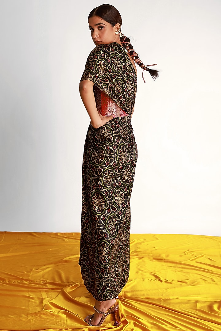 Black Mashru Silk Pre-Stitched Party Wear Saree Set by Shriya Singhi at Pernia's Pop Up Shop