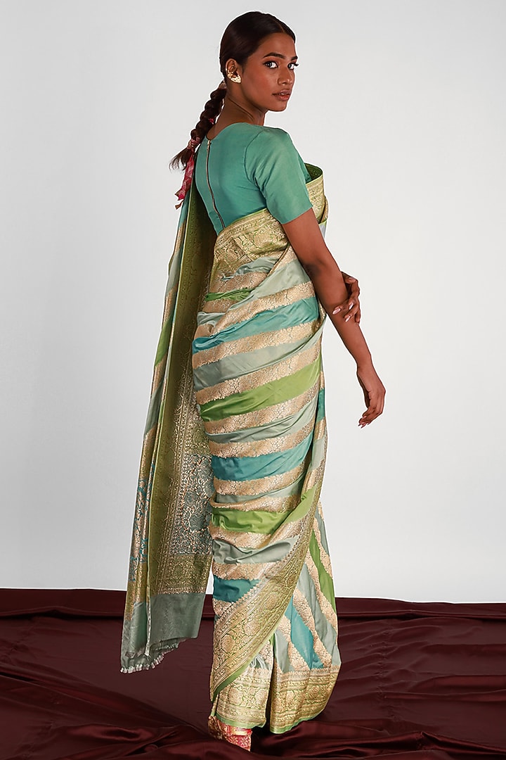 Green Mashru Silk Striped Party Wear Saree Set by Shriya Singhi at Pernia's Pop Up Shop