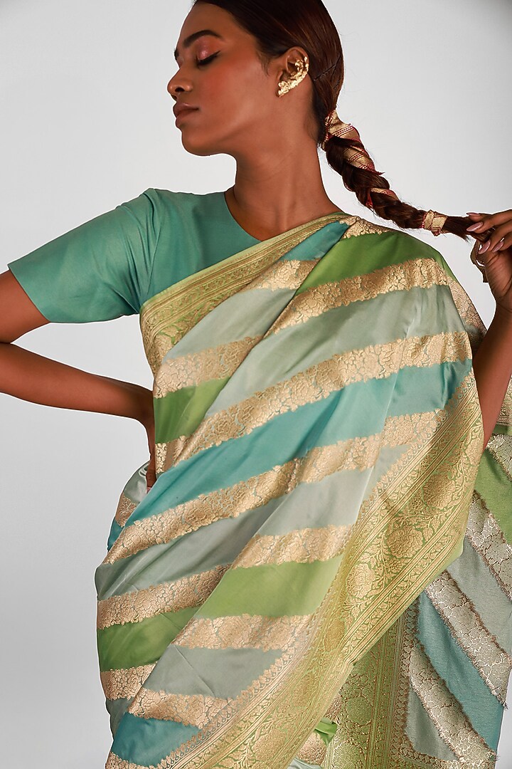 Green Mashru Silk Striped Party Wear Saree Set by Shriya Singhi at Pernia's Pop Up Shop