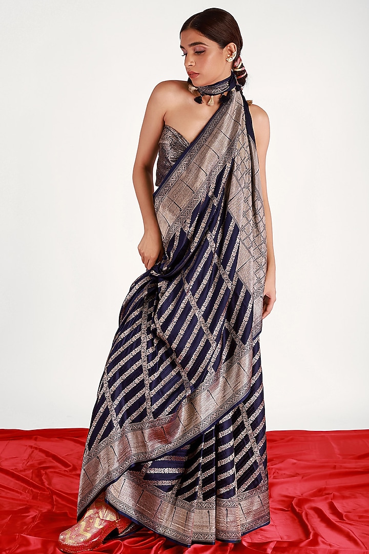 Navy Blue Mashru Silk Striped Saree Set by Shriya Singhi