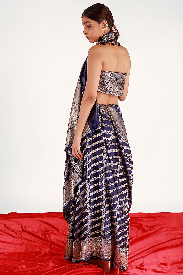 Navy Blue Mashru Silk Striped Party Wear Saree Set by Shriya Singhi at Pernia's Pop Up Shop