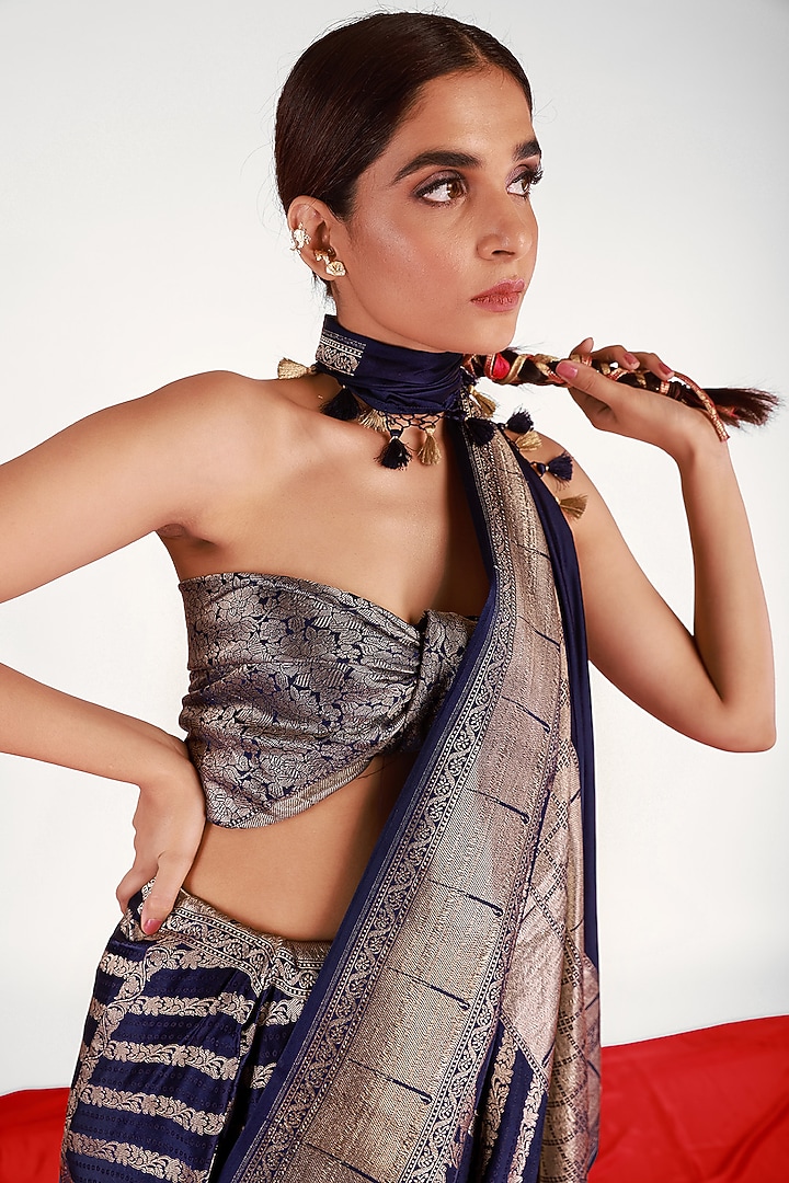 Navy Blue Mashru Silk Striped Party Wear Saree Set by Shriya Singhi at Pernia's Pop Up Shop