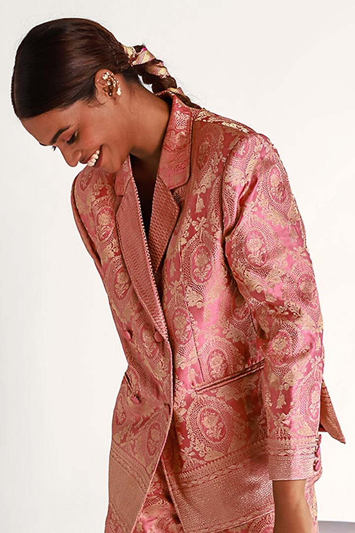 Pink Mashru Silk Blazer Set by Shriya Singhi at Pernia's Pop Up Shop