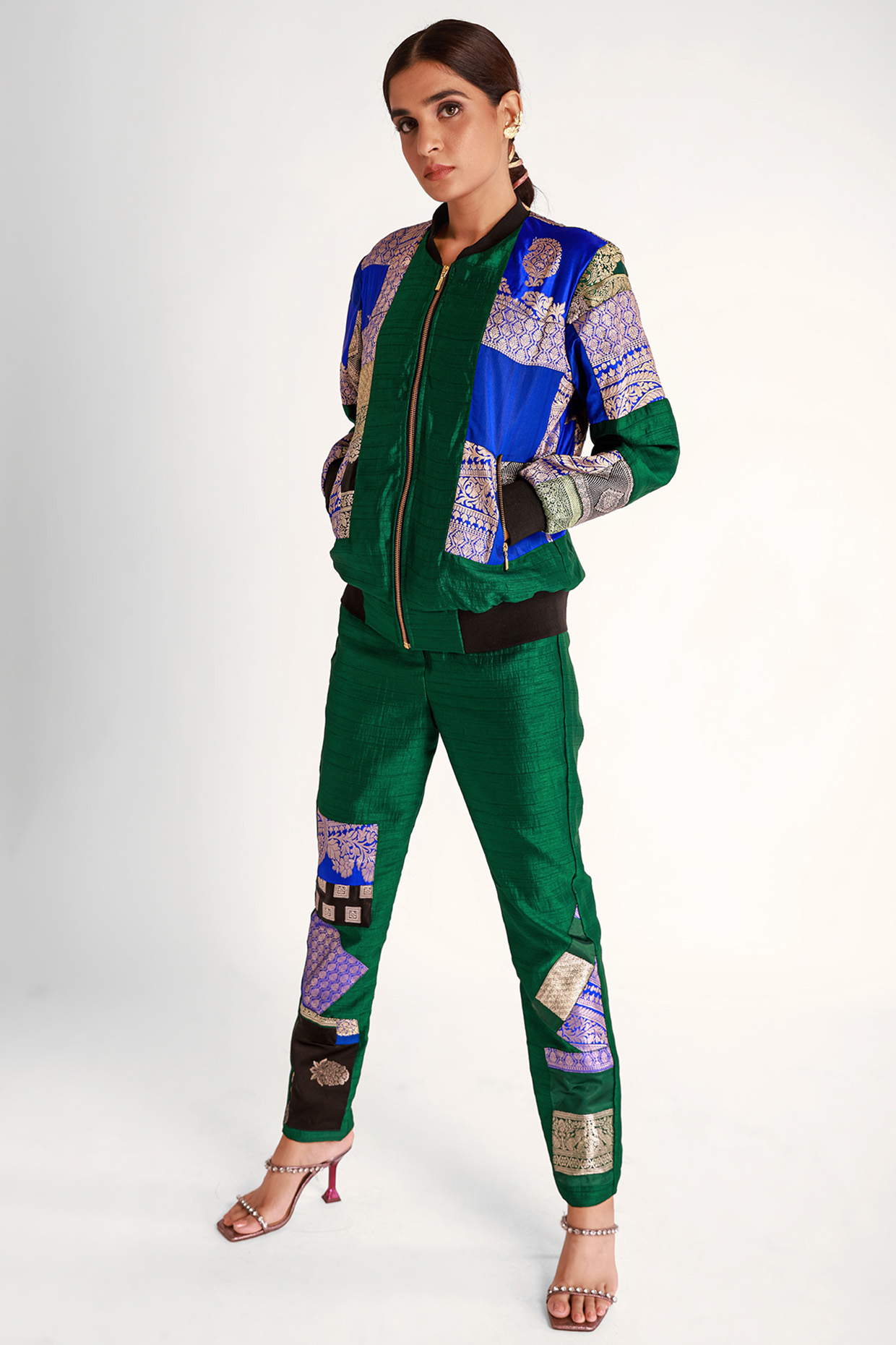 Green & Blue Mashru Silk Bomber Jacket by Shriya Singhi