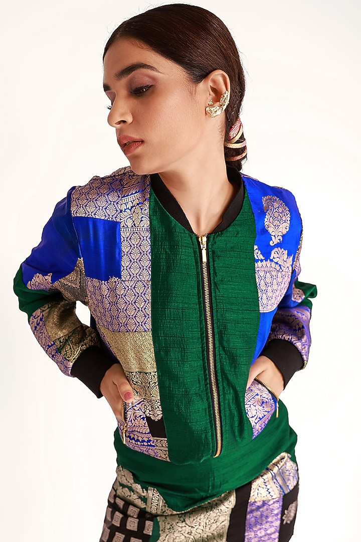 Green & Blue Mashru Silk Skirt Set by Shriya Singhi at Pernia's Pop Up Shop
