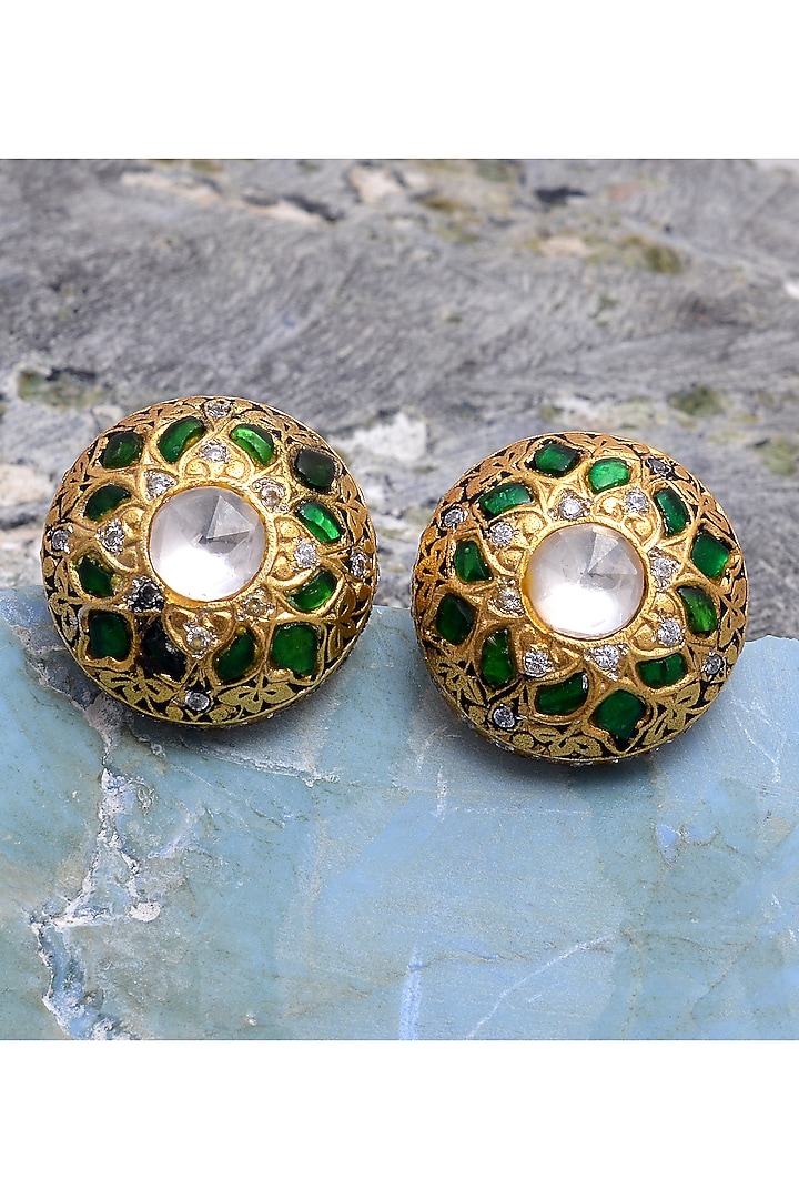 Gold Plated Crystal Polki Jadau Earrings In Sterling Silver by Shubh Silver at Pernia's Pop Up Shop