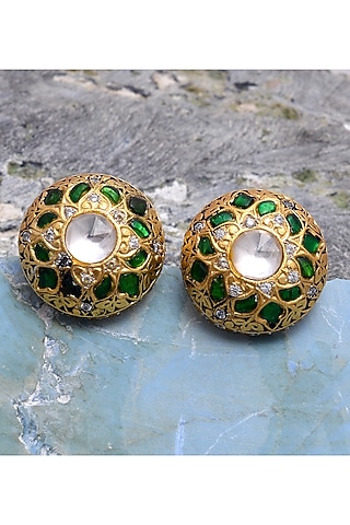 Gold Plated Crystal Polki Jadau Earrings In Sterling Silver by Shubh Silver