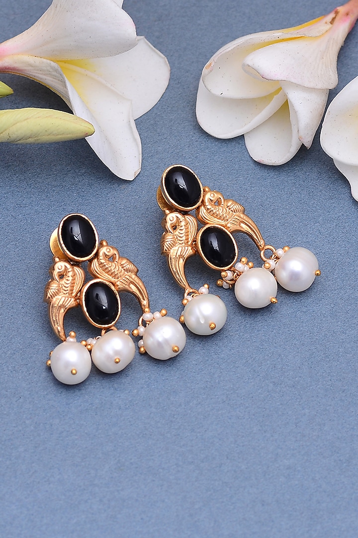 Gold Plated Black Onyx Handcrafted Dangler Earrings In Sterling Silver by Shubh Silver