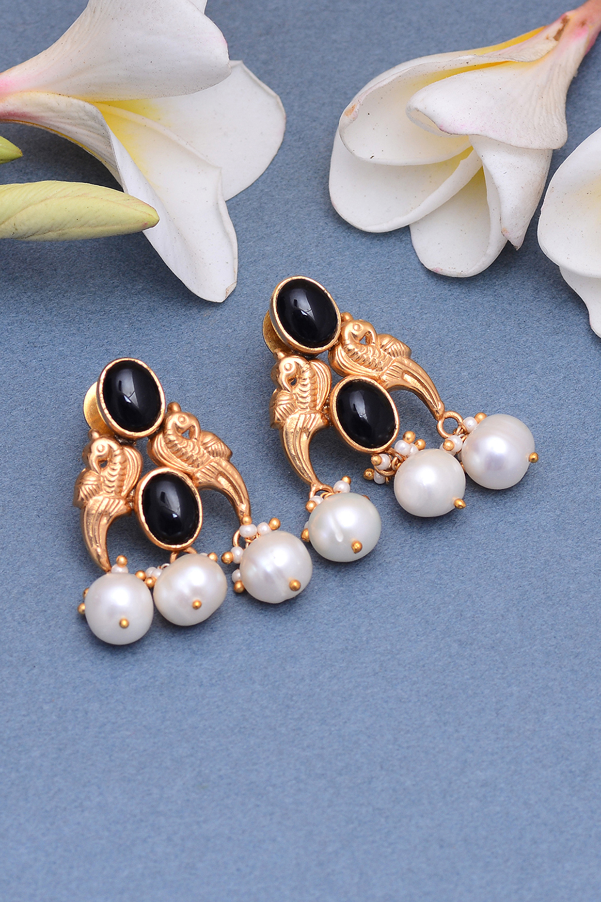 Gold Plated Black Onyx Handcrafted Dangler Earrings In Sterling Silver by Shubh Silver at Pernia's Pop Up Shop