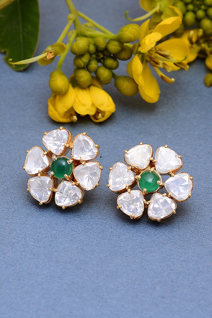 Gold Plated Crystal Polki Handcrafted Stud Earrings In Sterling Silver by Shubh Silver