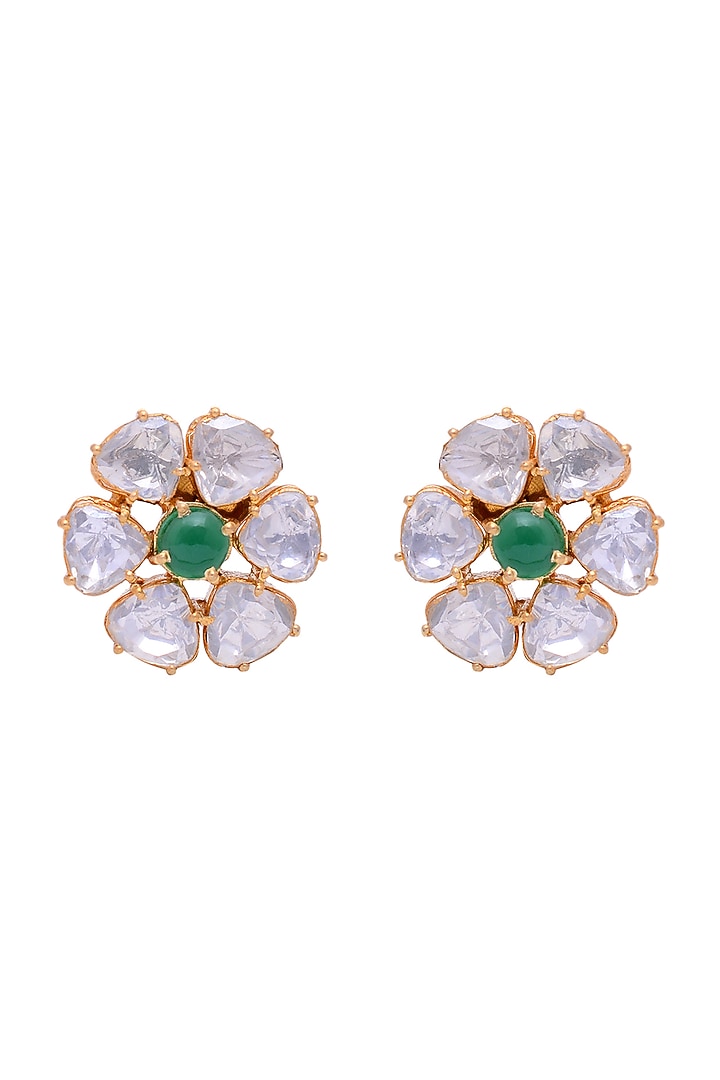 Gold Plated Crystal Polki Handcrafted Stud Earrings In Sterling Silver by Shubh Silver at Pernia's Pop Up Shop