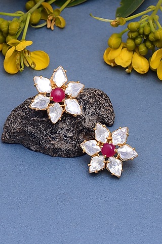 Gold Plated Jadau Handcrafted Stud Earrings In Sterling Silver by Shubh Silver