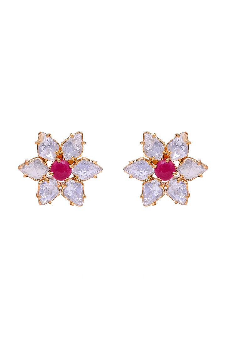 Gold Plated Jadau Handcrafted Stud Earrings In Sterling Silver by Shubh Silver at Pernia's Pop Up Shop