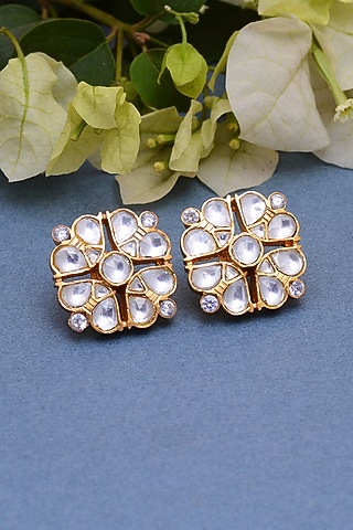 Gold Plated Crystal Polki & Jadau Handcrafted Stud Earrings In Sterling Silver by Shubh Silver