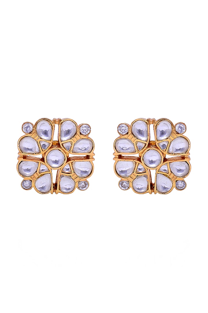 Gold Plated Crystal Polki & Jadau Handcrafted Stud Earrings In Sterling Silver by Shubh Silver at Pernia's Pop Up Shop