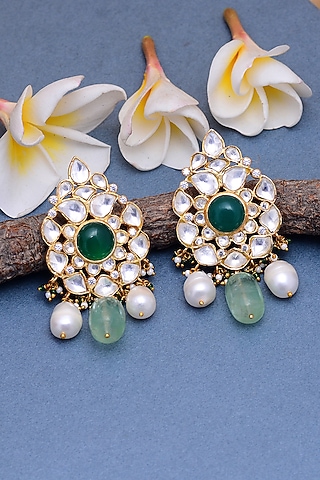 Gold Plated Jadau & Semi-Precious Stone Handcrafted Stud Earrings In Sterling Silver by Shubh Silver