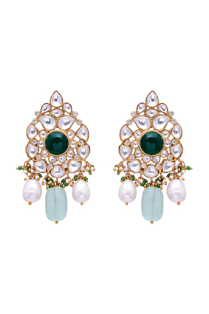 Gold Plated Jadau & Semi-Precious Stone Handcrafted Stud Earrings In Sterling Silver by Shubh Silver at Pernia's Pop Up Shop