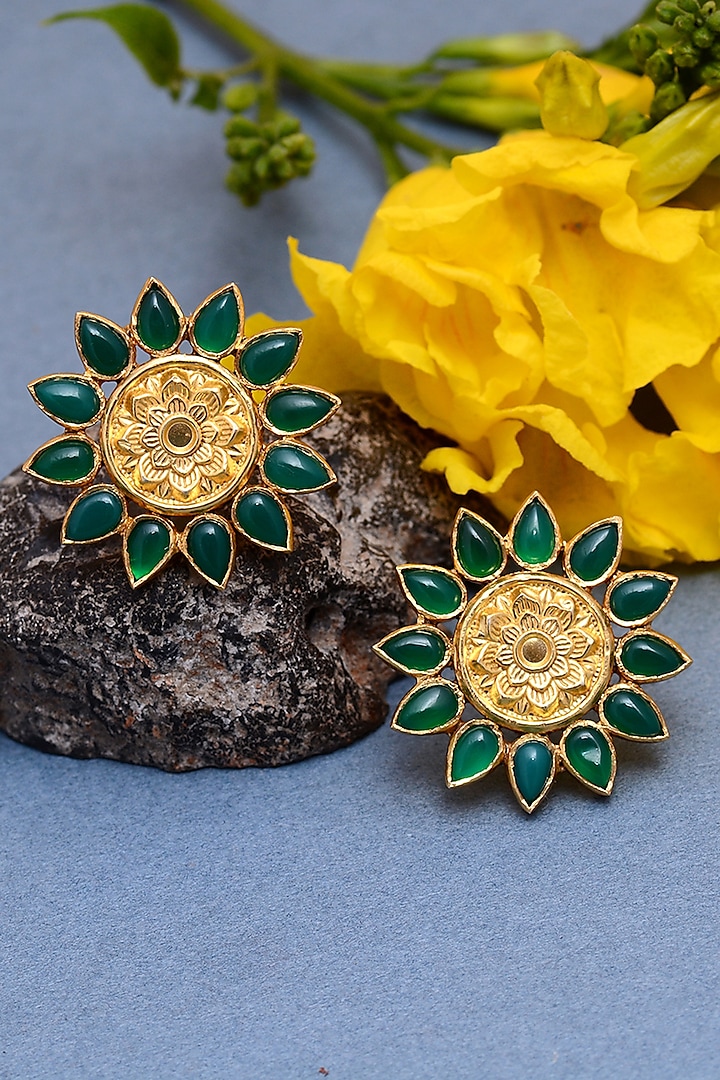 Gold Plated Semi-Precious Stone Handcrafted Stud Earrings In Sterling Silver by Shubh Silver