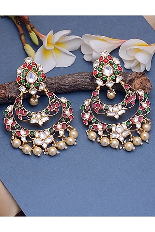 Gold Plated Jadau & Semi-Precious Stone Meenakari Dangler Earrings In Sterling Silver by Shubh Silver