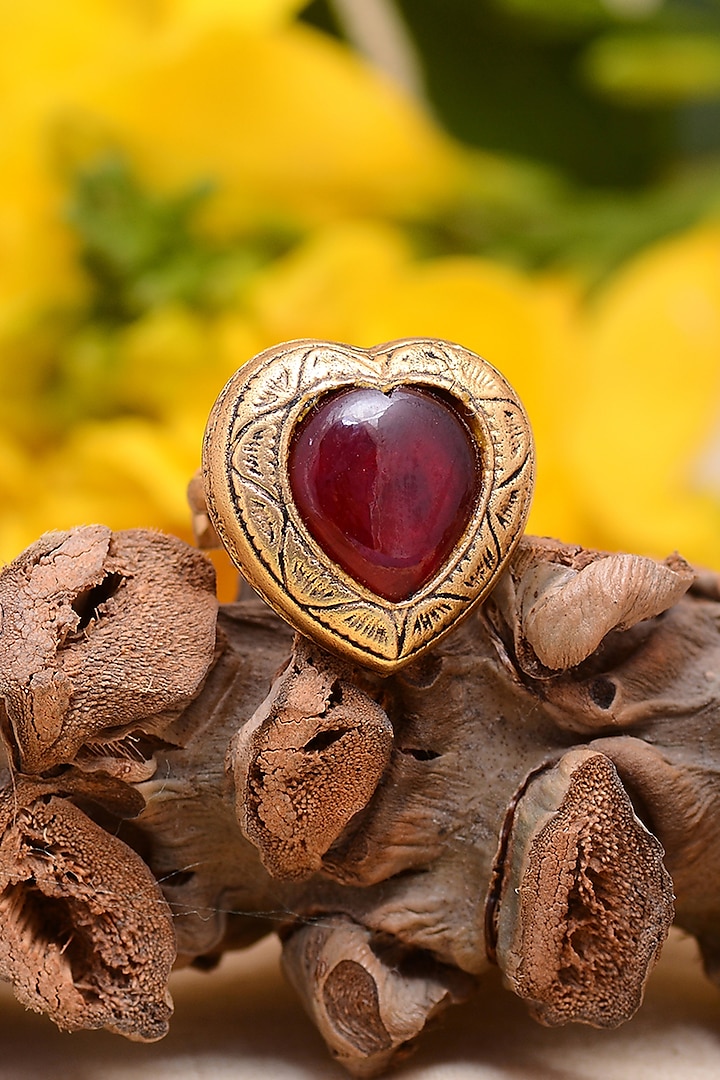 Gold Plated Handcrafted Ring With Semi-Precious Stone In Sterling Silver by Shubh Silver