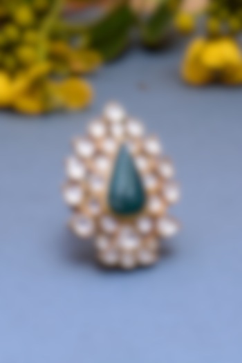 Gold Plated Crystal Polki Handcrafted Ring In Sterling Silver by Shubh Silver