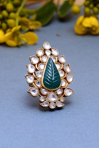 Gold Plated Crystal Polki Handcrafted Ring In Sterling Silver by Shubh Silver