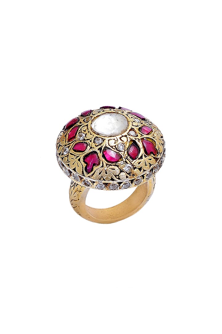 Gold Plated Moissanite Handcrafted Ring In Sterling Silver by Shubh Silver