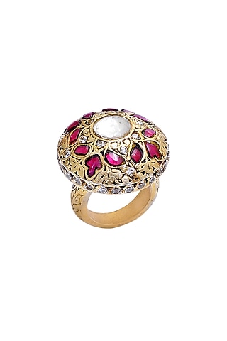 Gold Plated Moissanite Handcrafted Ring In Sterling Silver by Shubh Silver