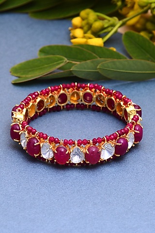 Gold Plated Jadau Handcrafted Bangle In Sterling Silver by Shubh Silver