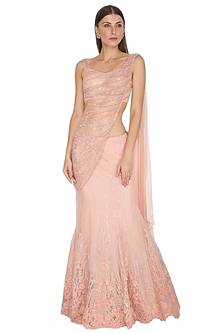 Blush Pink Embroidered Lehenga Saree Set by Seep Mahajan