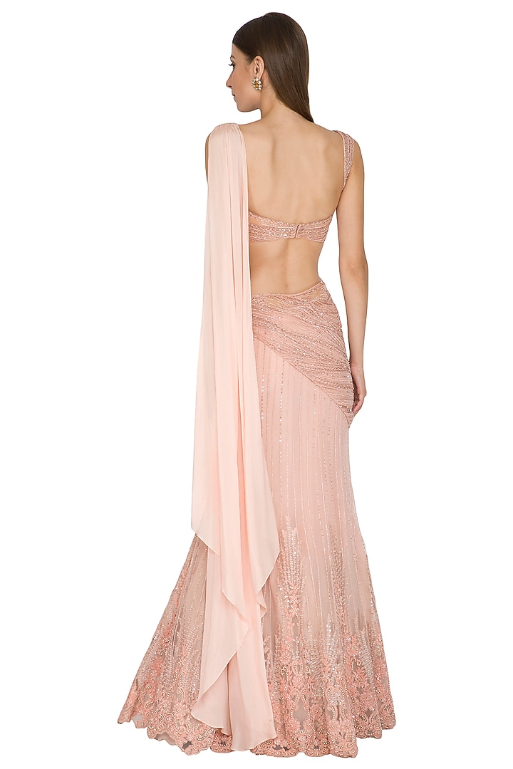 Blush Pink Embroidered Reception Lehenga Saree Set by Seep Mahajan at Pernia's Pop Up Shop