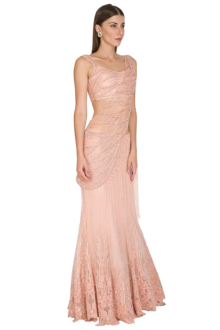 Blush Pink Embroidered Reception Lehenga Saree Set by Seep Mahajan at Pernia's Pop Up Shop