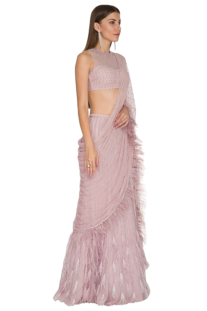 Lavender Embroidered Reception Lehenga Saree Set by Seep Mahajan at Pernia's Pop Up Shop