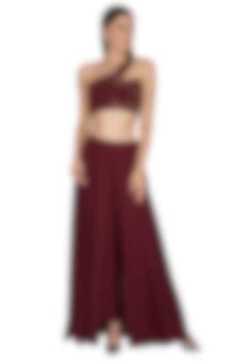 Marsala Wine Embroidered Crop Top With Culotte Skirt by Seep Mahajan